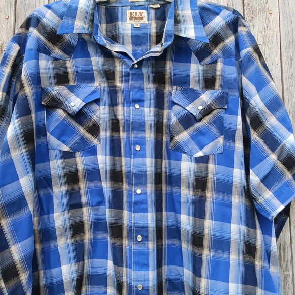 Vtg Ely Cattleman Pearl Snap 3XL Big Man Blue Black Check Short Sleeve Plaid - Picture 2 of 6